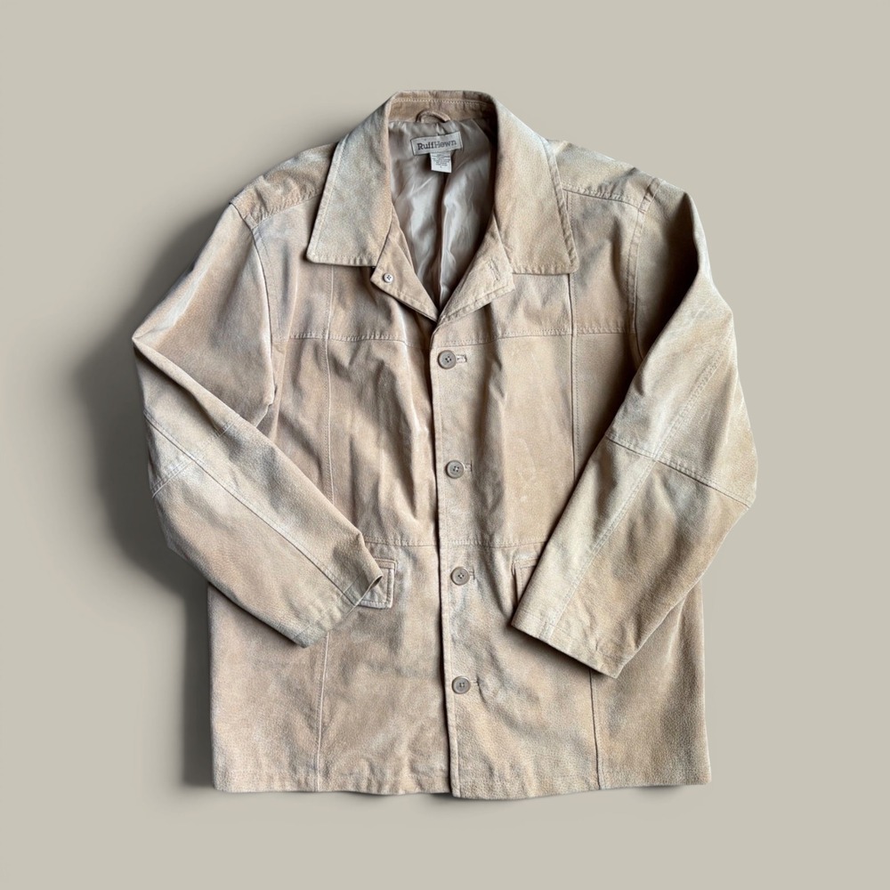 RuffHewn Tan Suede Leather Jacket Mens Large Button Front Lined Coat Brown
